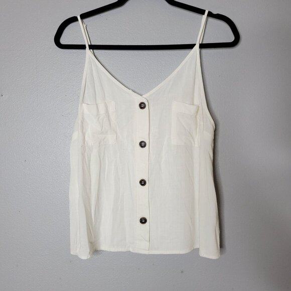 E & M Women's L White Button-Front Pockets Flowy Lightweight Tank Top - Picture 1 of 7